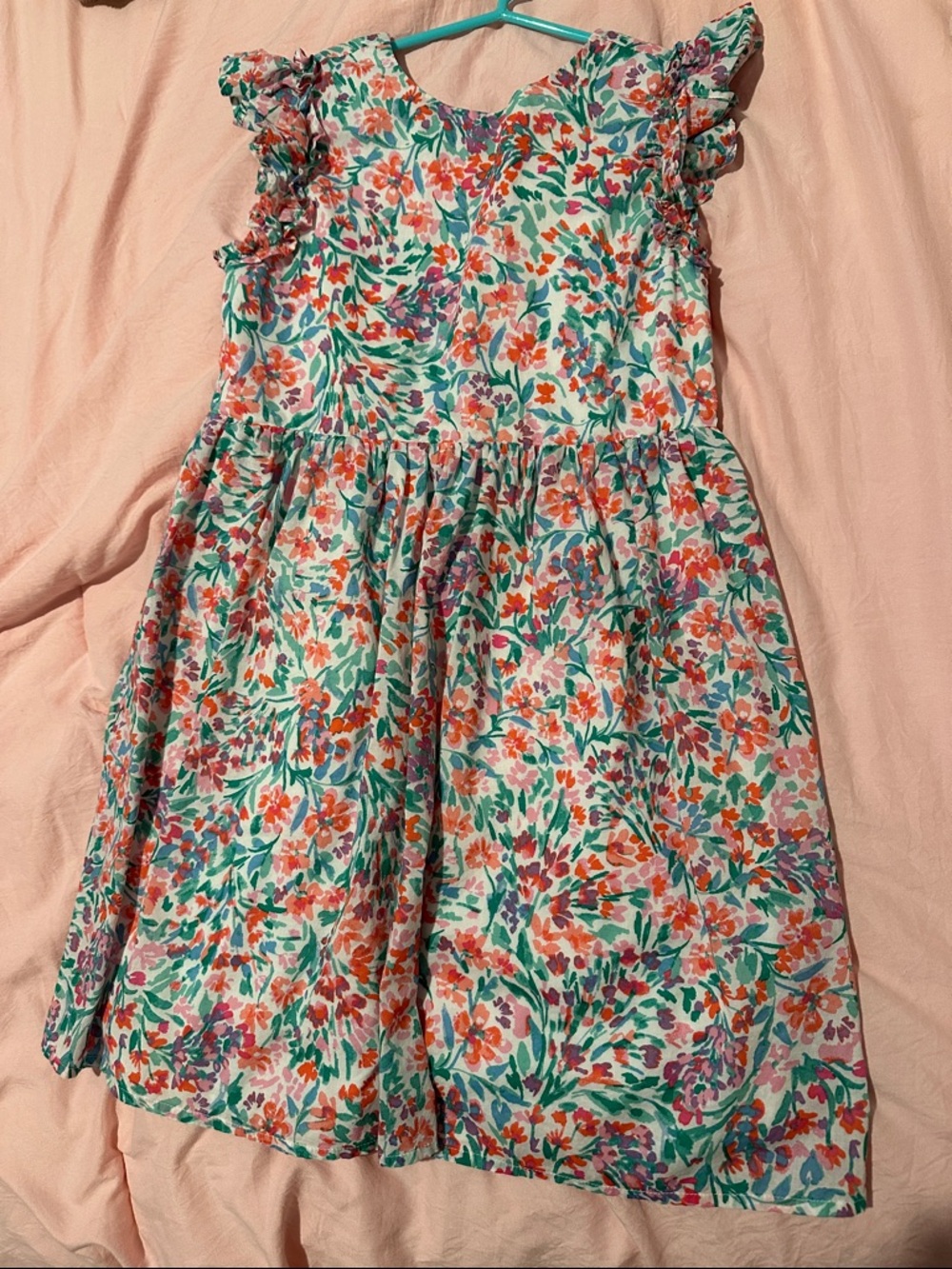 J. Crew Floral Ruffle Sleeve Cotton Dress in Teal, Coral & Purple